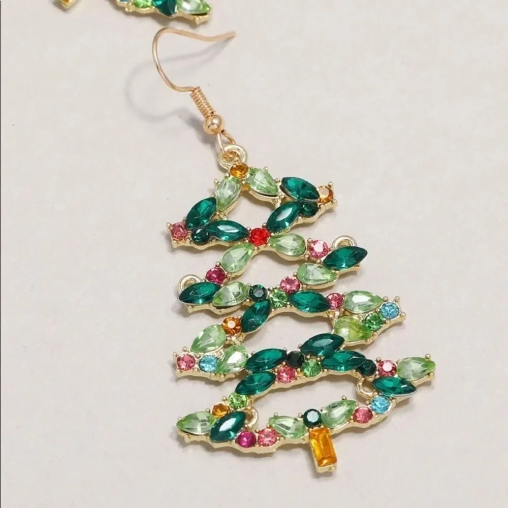 Holiday Crystal Rhinestone Christmas Tree Chandelier Drop Earrings